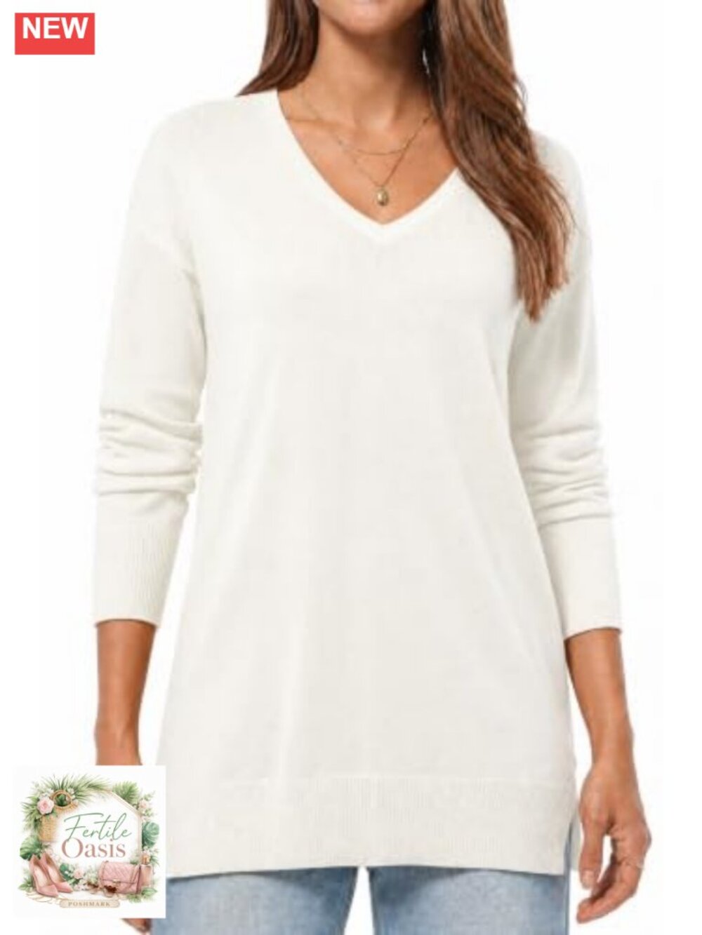 Women's V Neck Tunic Sweater Cotton Modal Blend Long Sleeve Pullover
